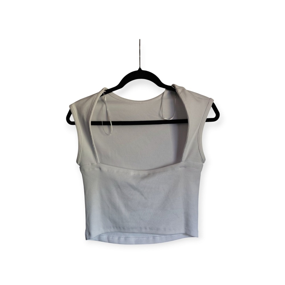 White Ribbed Open Backless Crop Top Sleeveless Shirt Medium